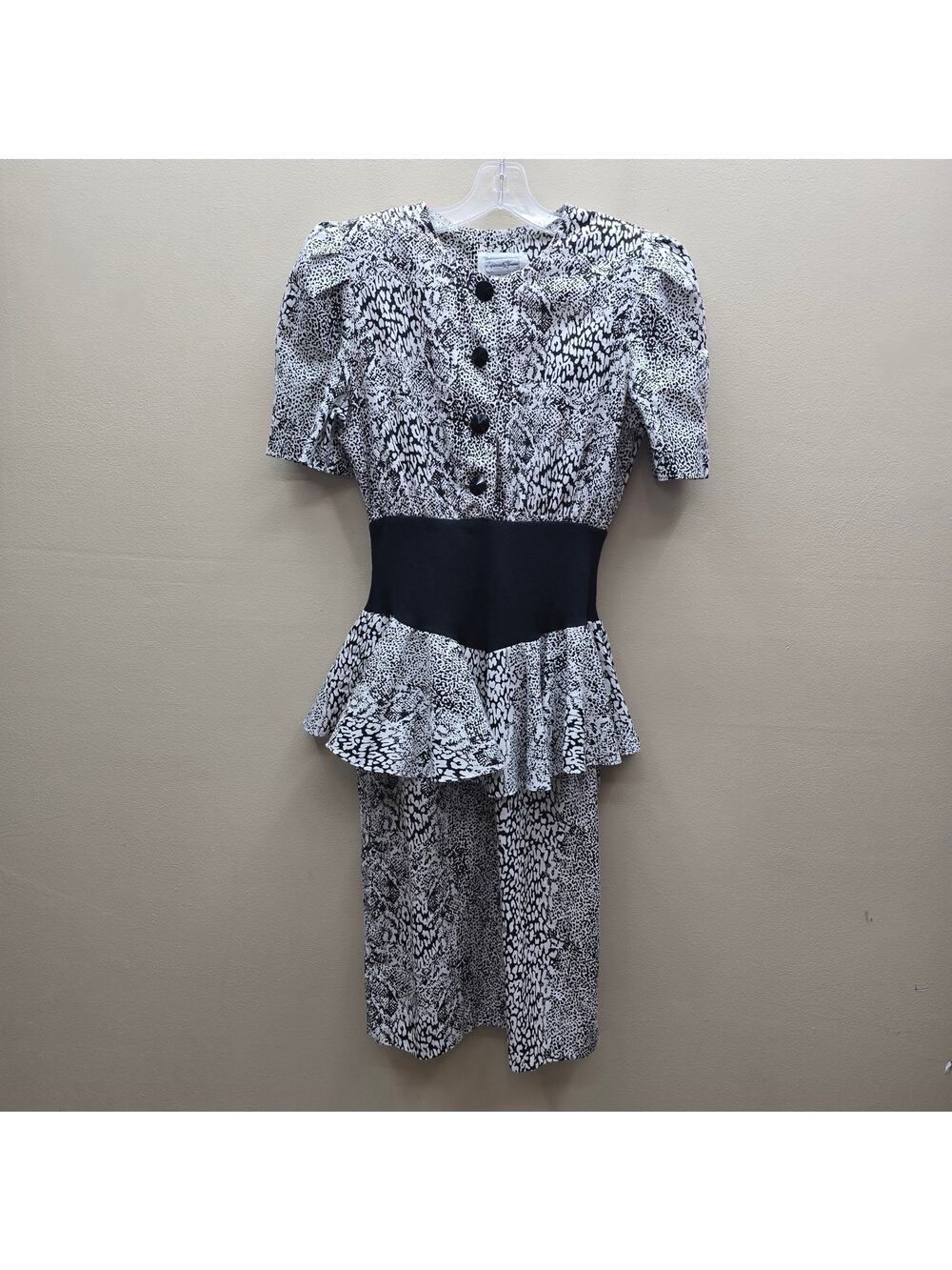 VTG 1980's Especially Yours Puff Sleeve Animal Print Dress Black & White Size 7
